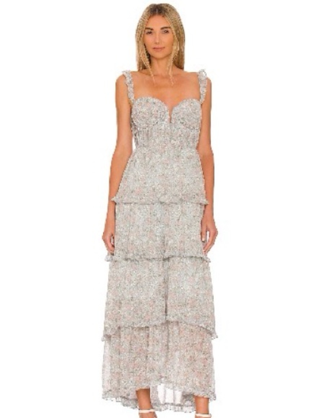 Astr Floral Tiered Maxi Dress in White and Blue